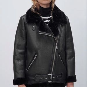 Zara aviator jacket black leather and faux fur